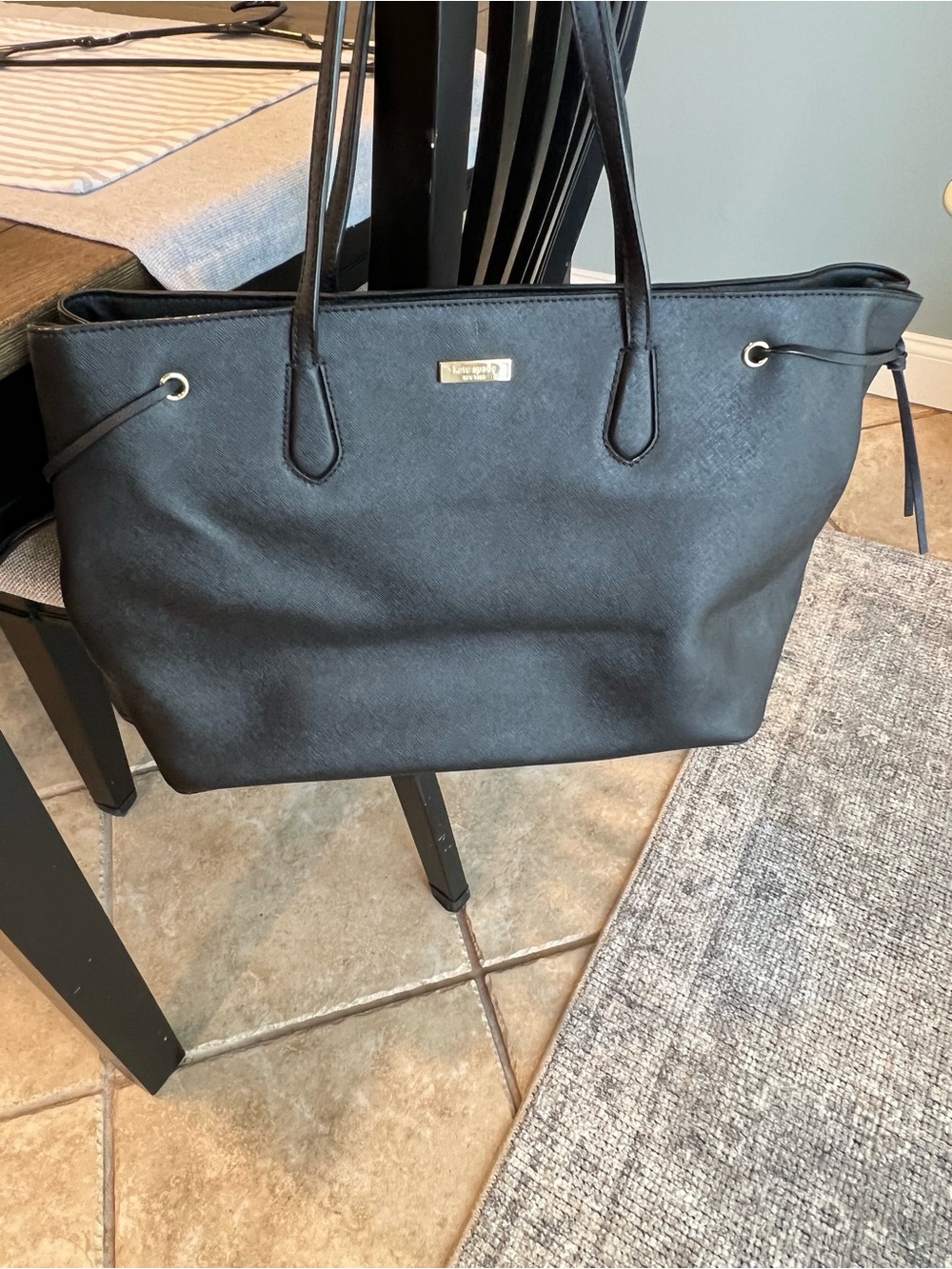 kate spade Black Leather Tote with Gold Plaque